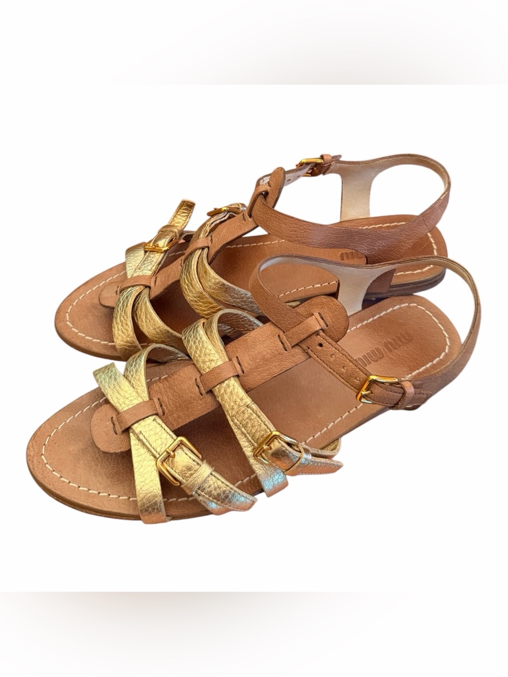 Miu Miu Gold & Brown Leather Daino Summer Calzature Donna Sandals Sz 7.5